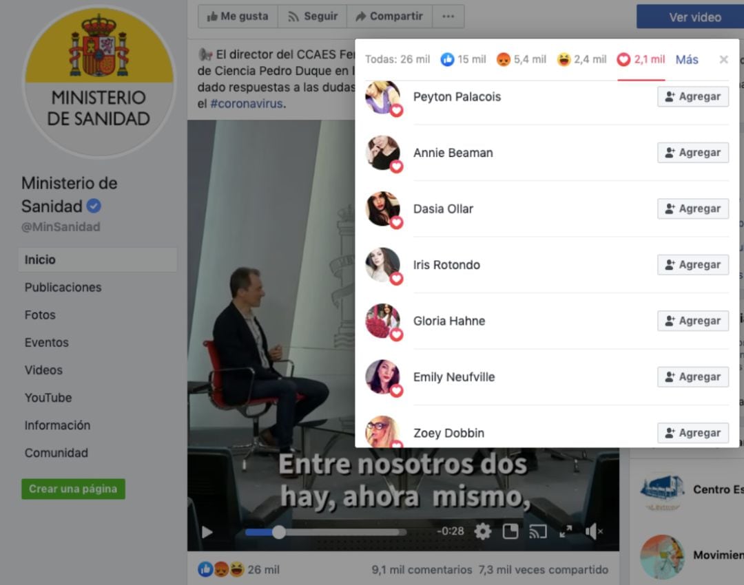 Captura de pantalla de una publicación del Ministerio de Sanidad del pasado 18 de abril y de sus interacciones de perfiles presuntamente falsos