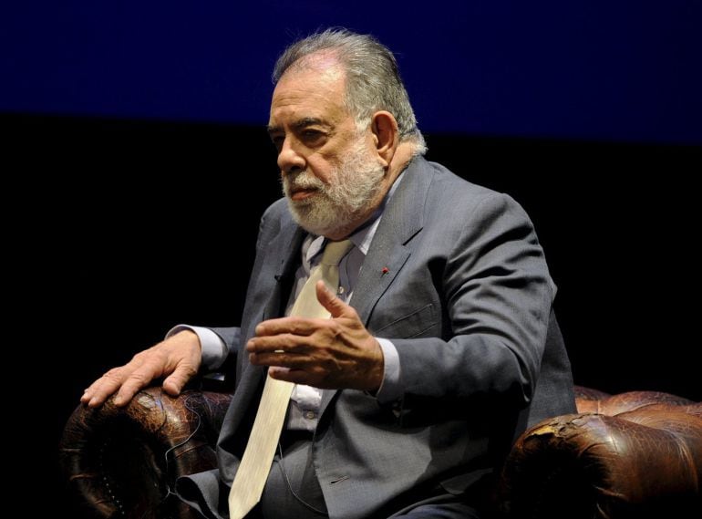 U.S. film director Francis Ford Coppola converses on stage during a tribute to him at the Jovellanos Theatre in Gijon, northern Spain, October 22, 2015. Coppola will be awarded the 2015 Princess of Asturias Award for the Arts at a ceremony on Friday in the Asturian capital.The awards are held annually since 1981 to reward scientific, technical, cultural, social and humanitarian work done by individuals, work teams and institutions. REUTERS/Eloy Alonso