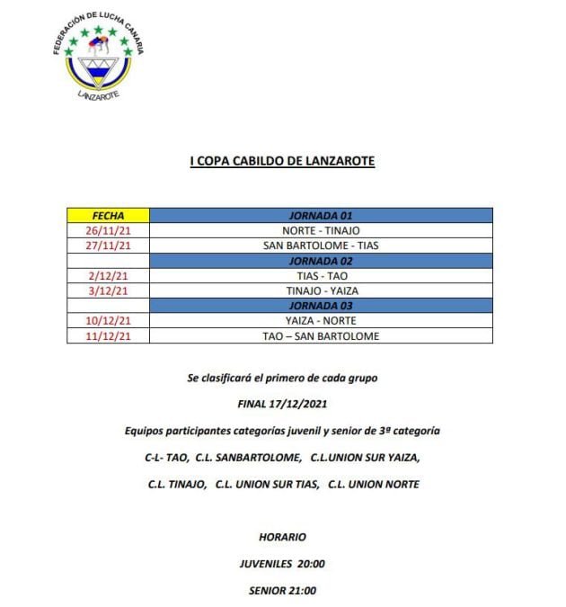 Calendario de la I Copa Cabildo de Lanzarote.