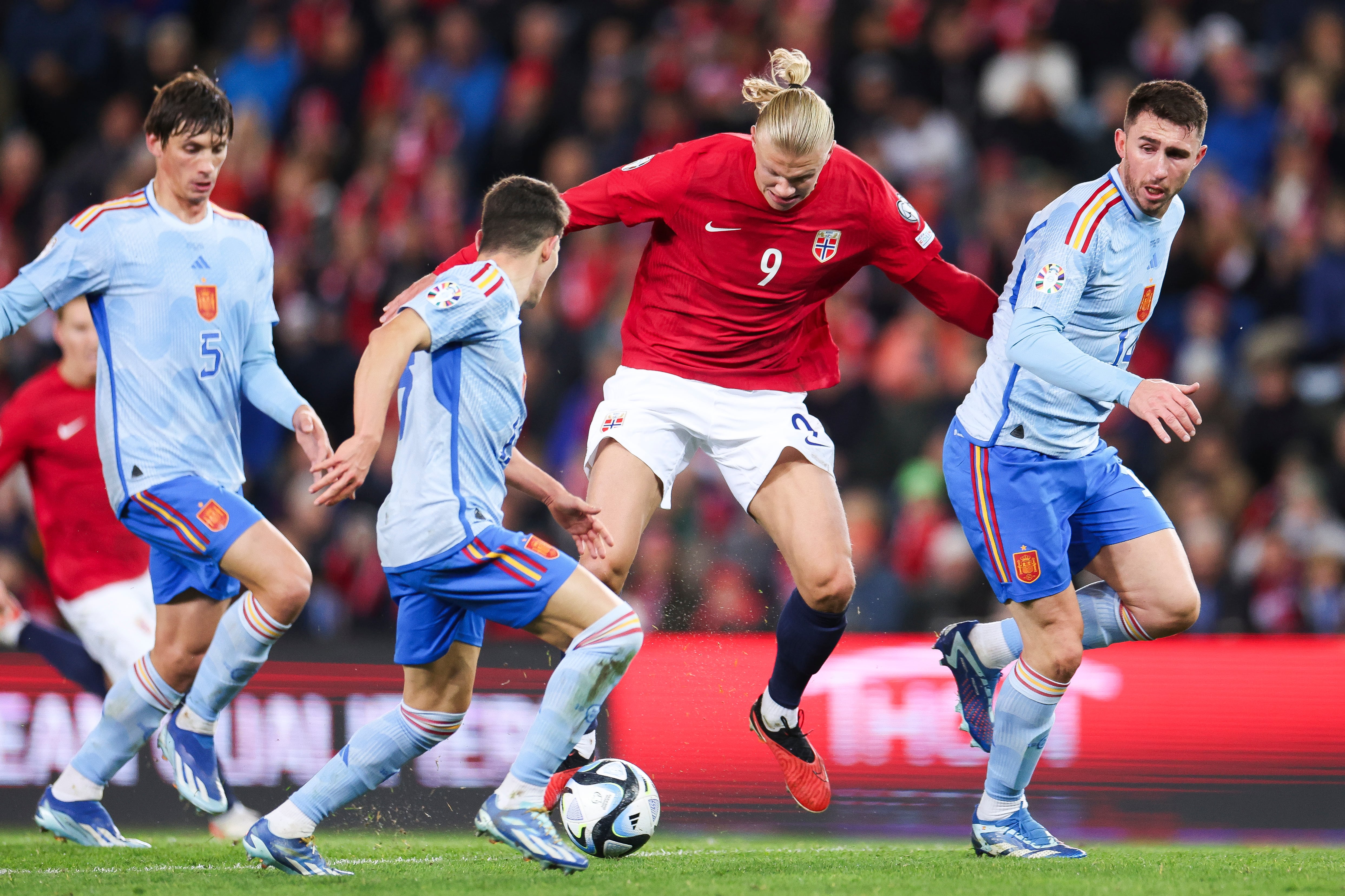 Erling Haaland, durante el partido clasificatorio para la Euro 2024 ante España