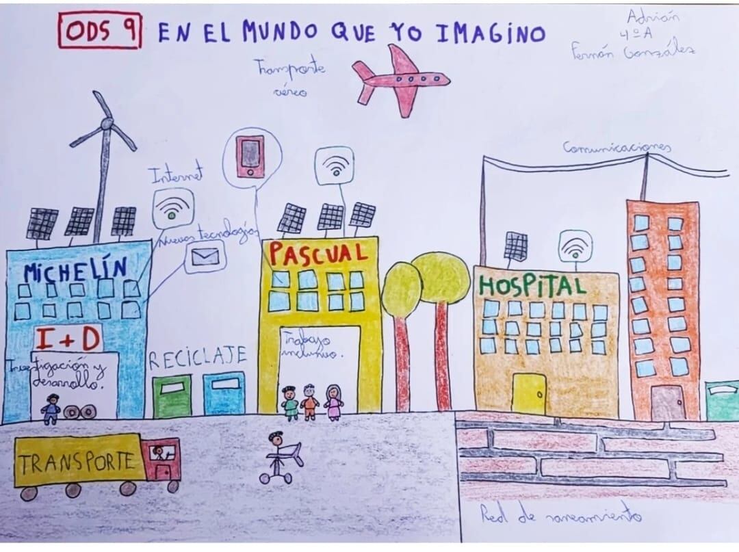 EL dibujo de Adrián está lleno de referencias a la industria y servicios de Aranda