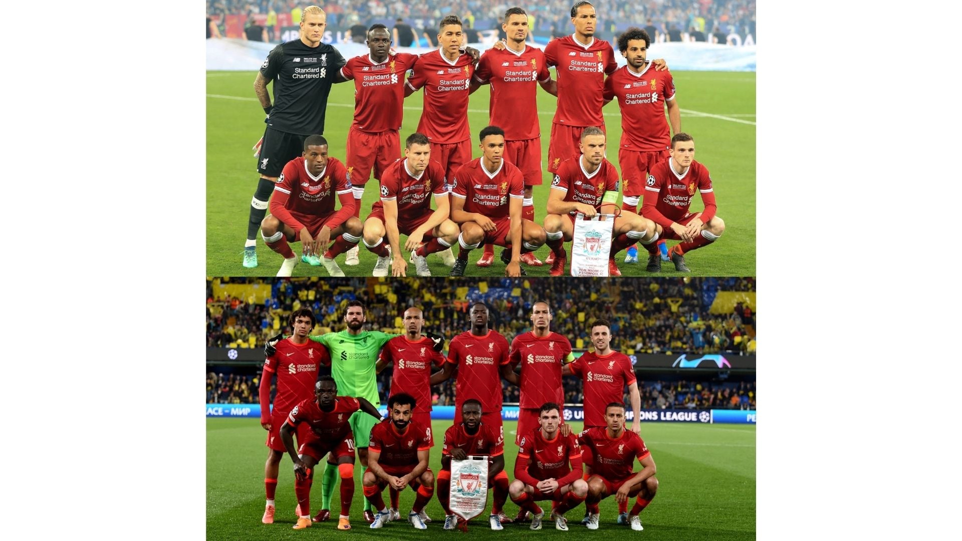 Arriba el equipo del Liverpool en la final de Champions de 2018; abajo la última con la que jugaron en semifinales de este año