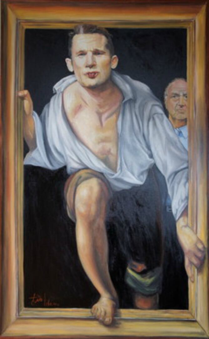 Iñaki Urdangarín caricaturizado por el artista Toño Velasco con el Rey al fondo