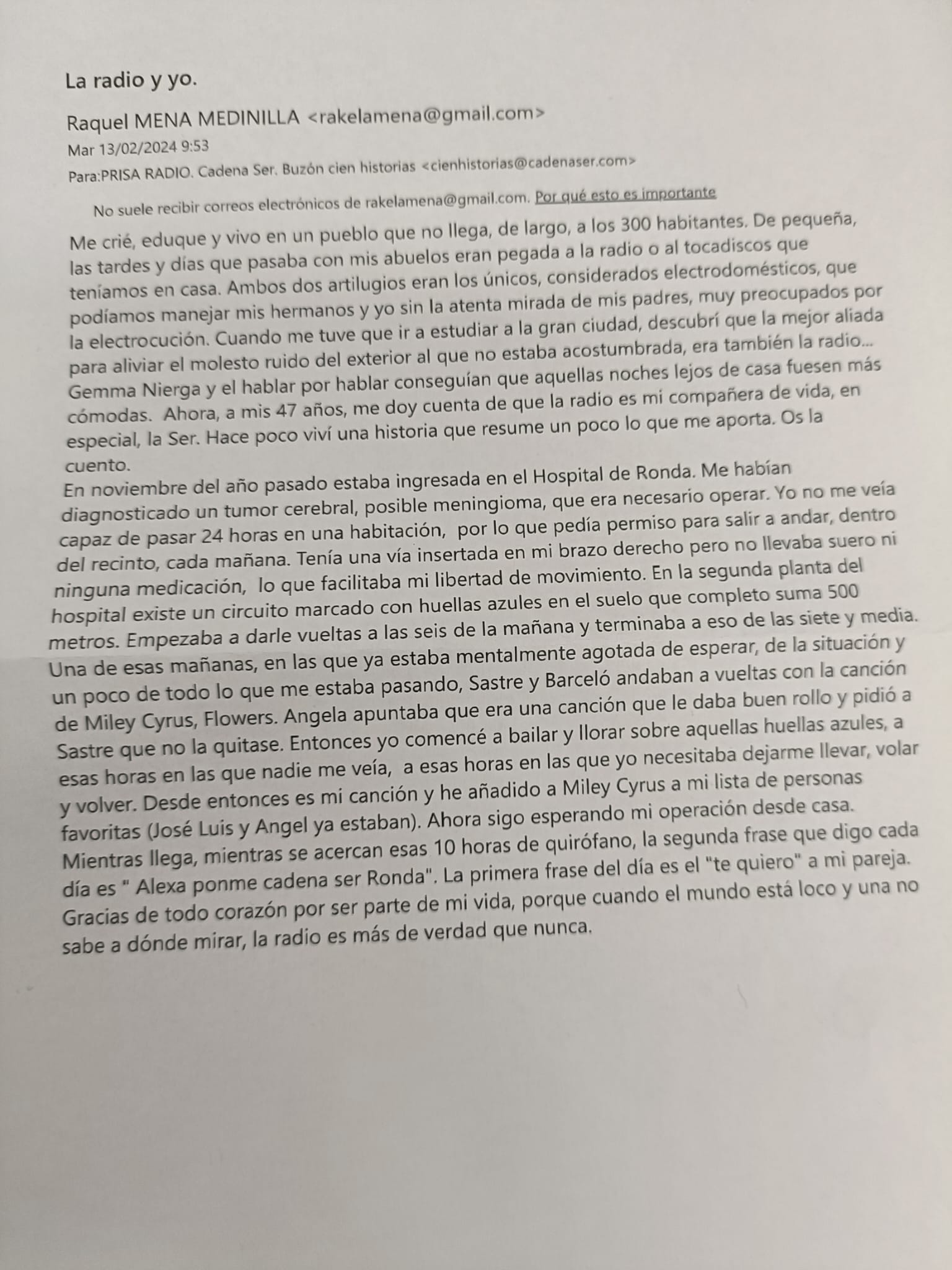 Carta que Raquel Mena envió a la Cadena SER explicando su historia con la radio y cómo &#039;Hoy por Hoy&#039; y Àngels Barceló le ayudaron a sanar el alma