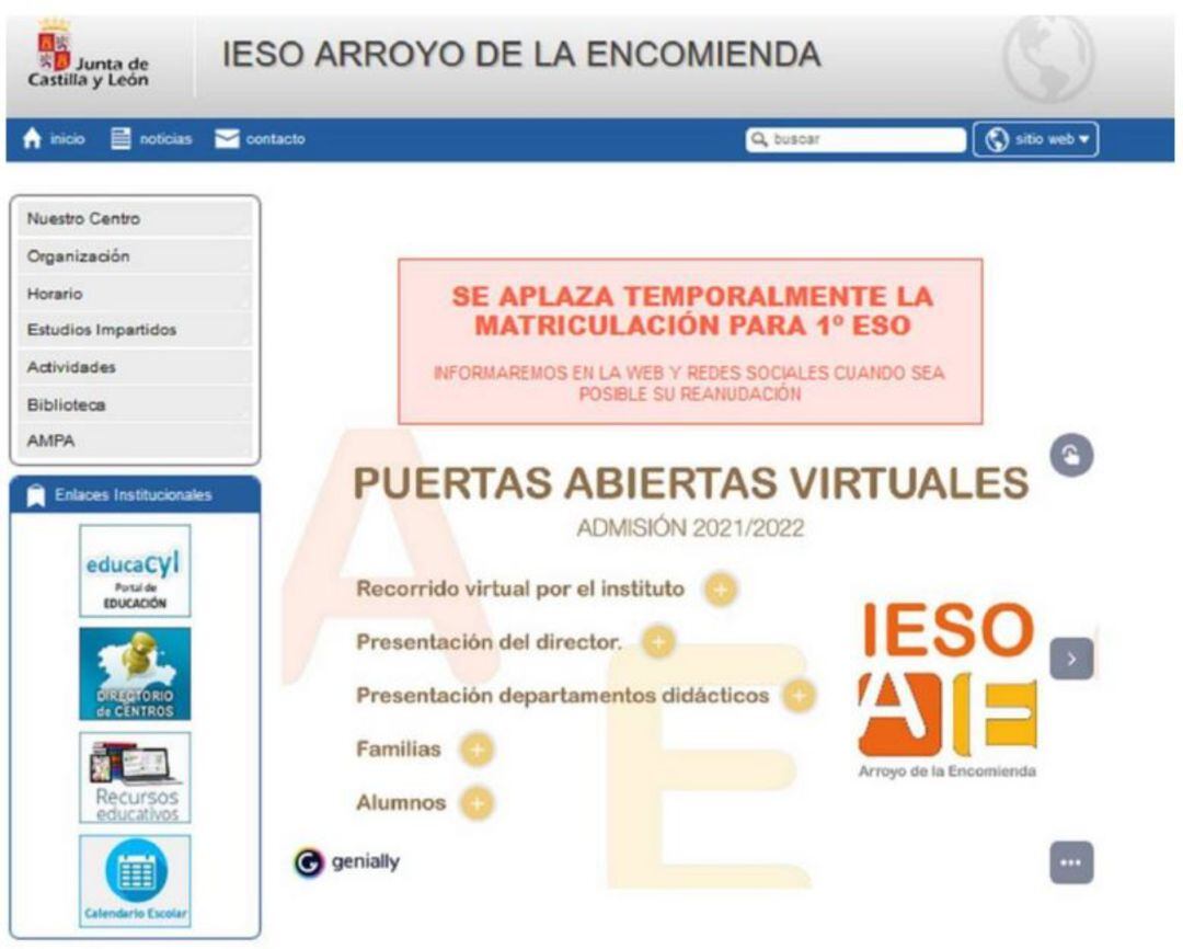 Mensaje en el portal web del IES Arroyo