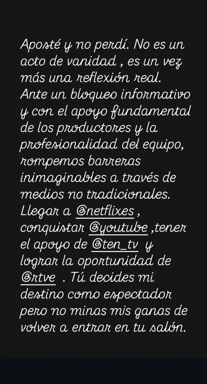 Comunicado de María Patiño en Instagram.