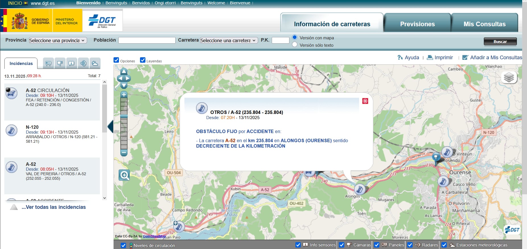 Captura de pantalla del mapa de carreteras de la página web de la DGT