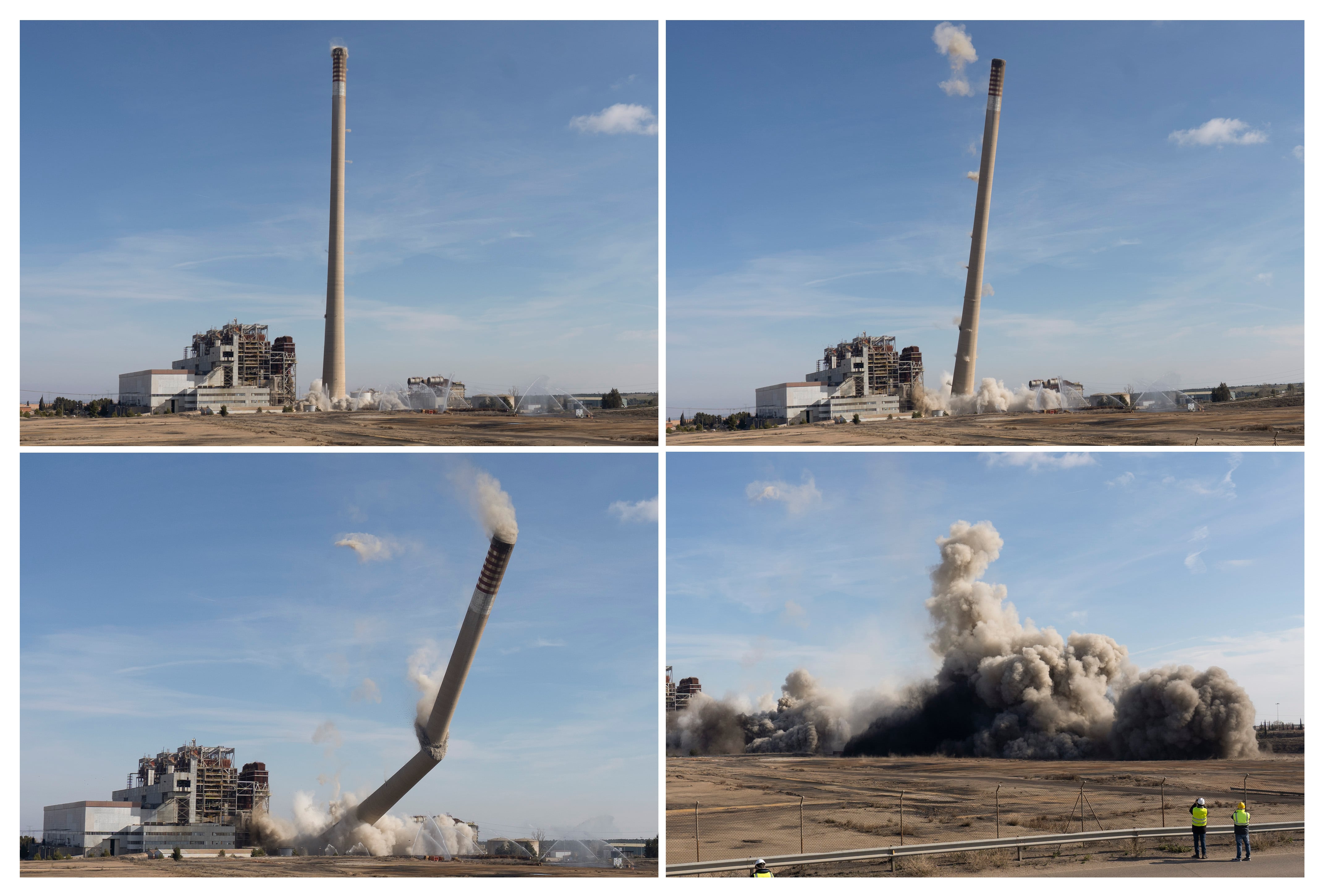 ANDORRA (TERUEL), 16/02/2023.- Combo de imágenes que muestra la demolición de la chimenea de la central térmica de Endesa, de 343 metros, la tercera estructura más alta de España, este miércoles en Andorra, Teruel. EFE/ Antonio García
