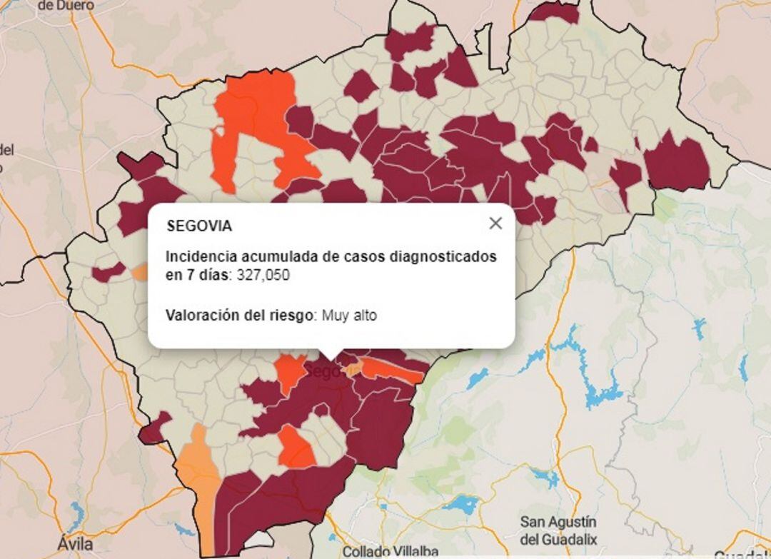 Mapa de incidencia de Covid 19 en la provincia de Segovia a fecha de hoy