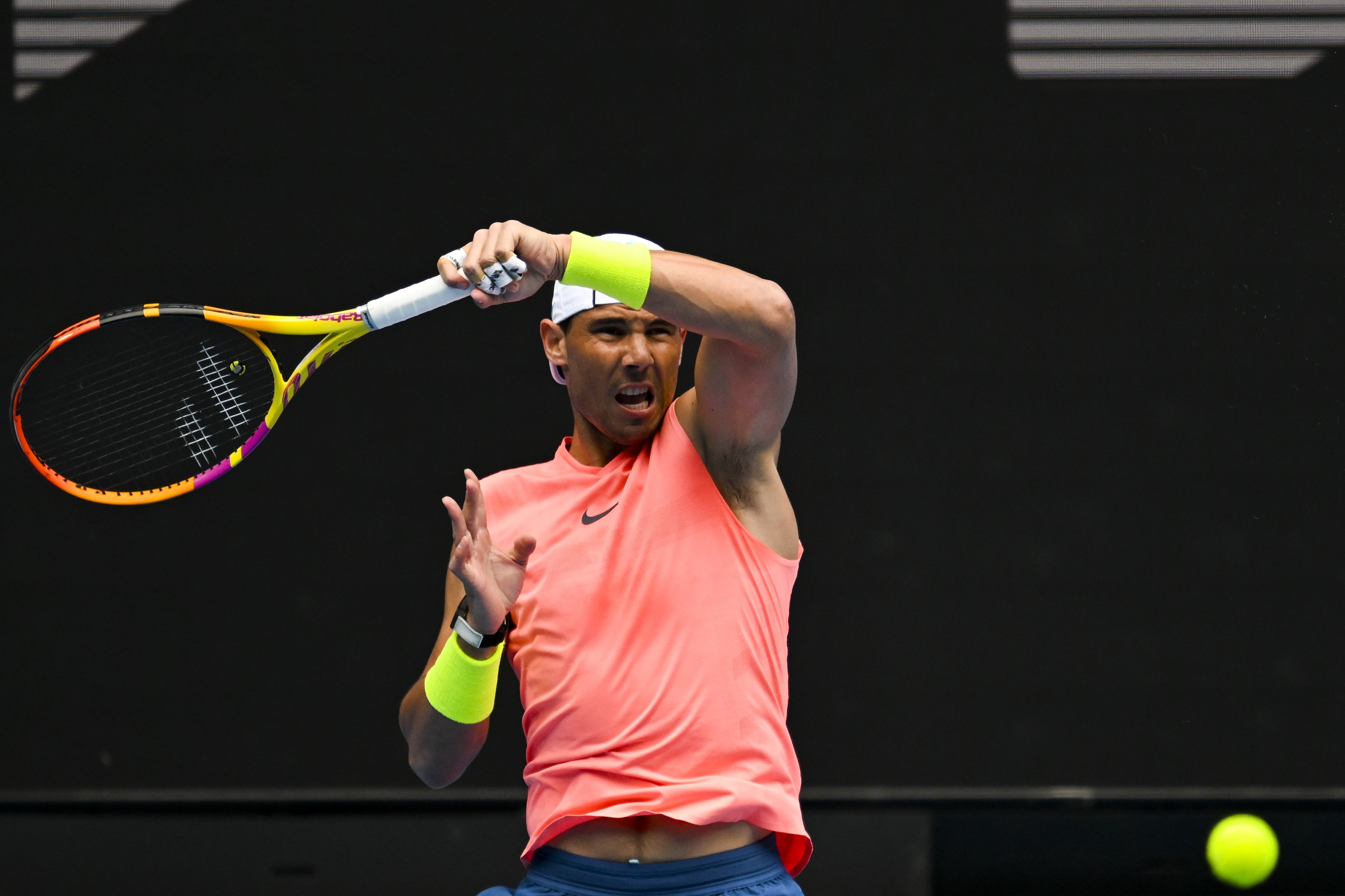 Melbourne (Australia), 15/01/2023.- Rafael Nadal of Spain in action during a practice session ahead of the 2023 Australian Open tennis tournament at Melbourne Park in Melbourne, Australia, 15 January 2023. (Tenis, Abierto, España) EFE/EPA/LUKAS COCH AUSTRALIA AND NEW ZEALAND OUT
