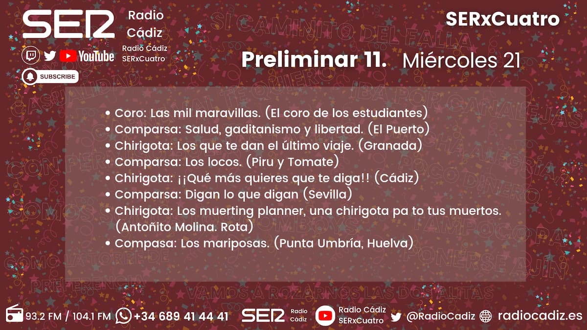Así ha sido la undécima sesión de Preliminares del COAC 2026: revive el undécimo día del Carnaval de Cádiz en Radio Cádiz