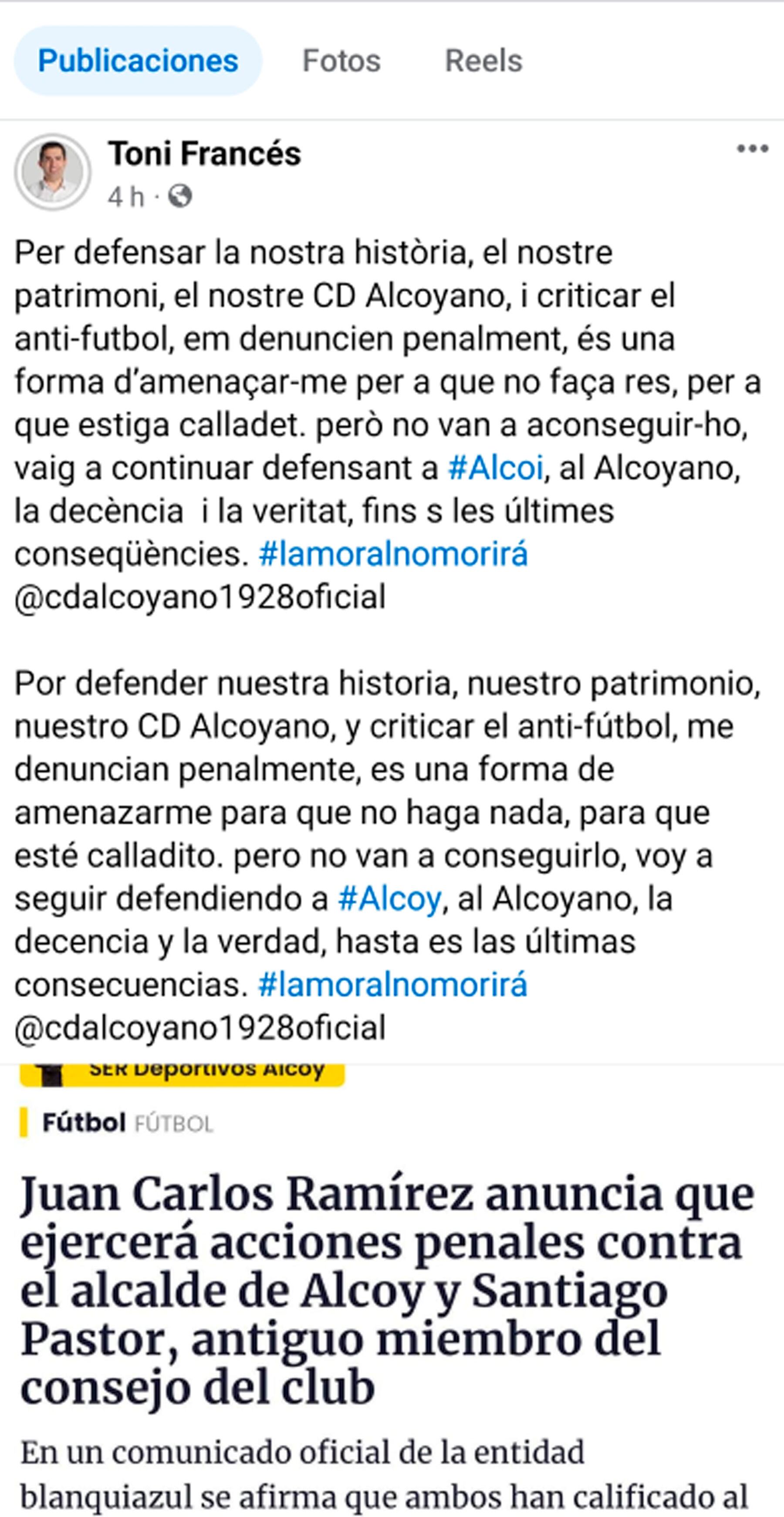 Post del alcalde del alcalde de Alcoy al anuncio de querella del Alcoyano