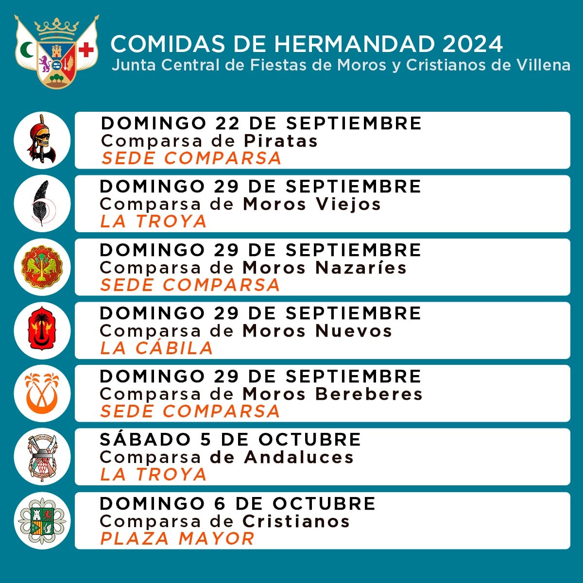 Calendario de almuerzos y comidas de las Comparsas