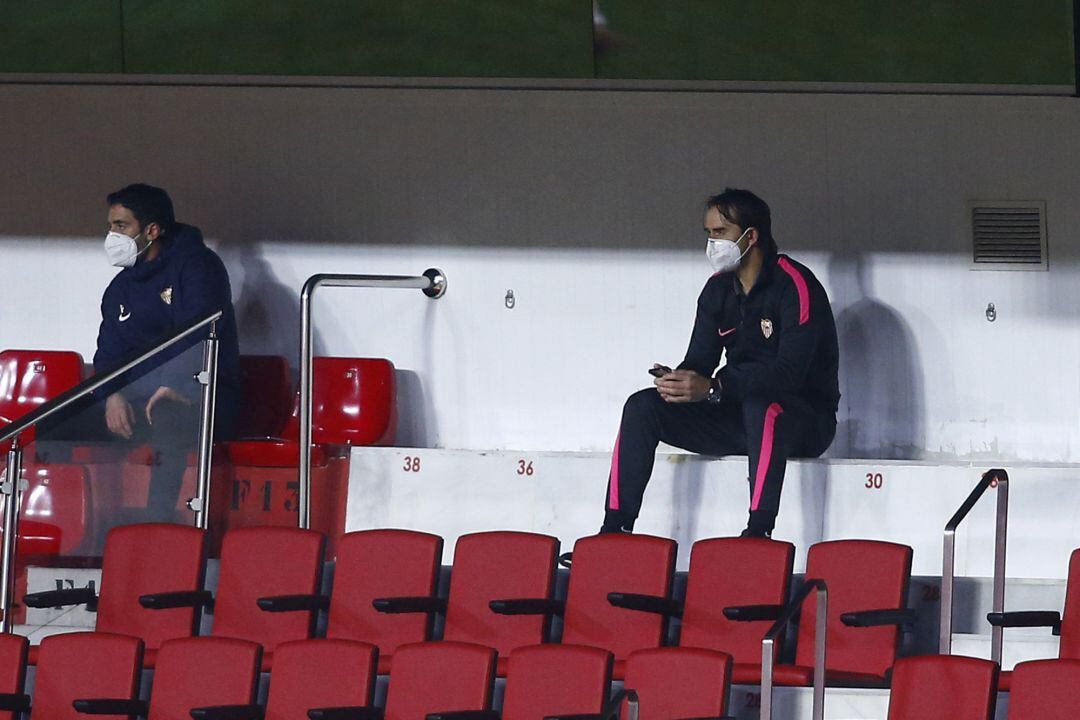 SEVILLE, SPAIN - FEBRUARY 06: Julen Lopetegui, Head coach of Sevilla FC is seen in the stands after being shown a red card during the La Liga Santander match between Sevilla FC and Getafe CF at Estadio Ramon Sanchez Pizjuan on February 06, 2021 in Seville