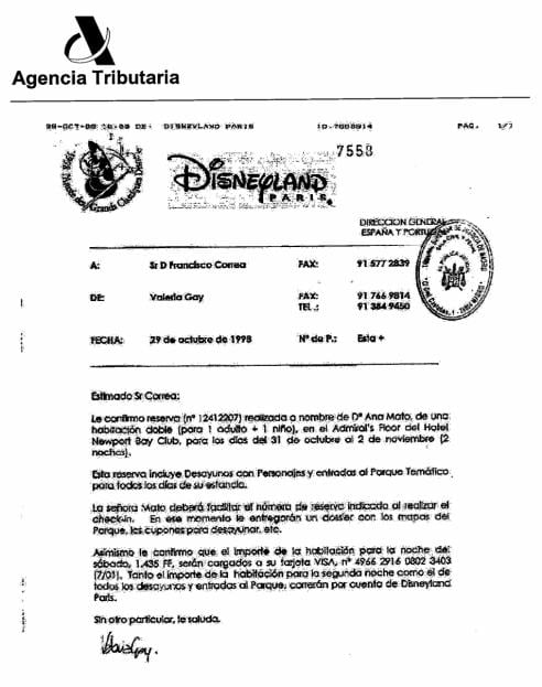 Contestación de Disneyland París a Francisco Correa sobre la reserva de Ana Mato