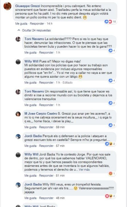 Hilo de conversación en las redes sociales en la que el concejal de Movilidad, Giuseppe Grezzi, expresa su opinión sobre la imposición de la multa al ciclista