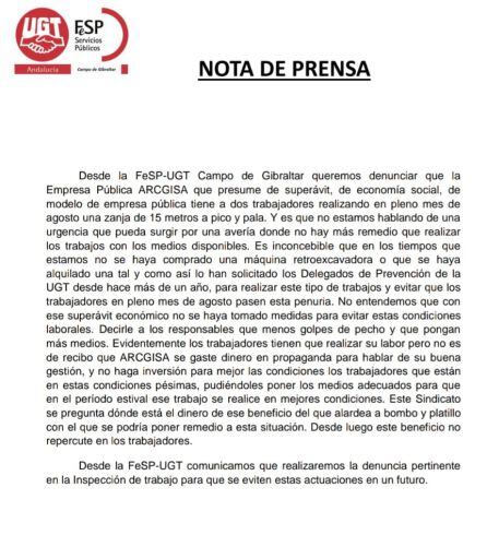 Denuncia realizada por UGT.