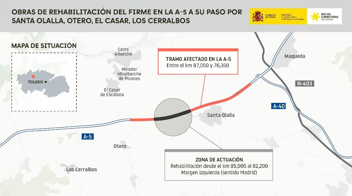 Tramo afectado por las obras de reforma del firme en la Autovía A-5