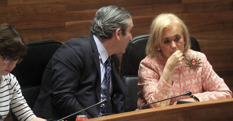 La presidenta del PP de Asturias, Mercedes Fernández (d) y el diputado de este partido, Carlos José Suárez (c).