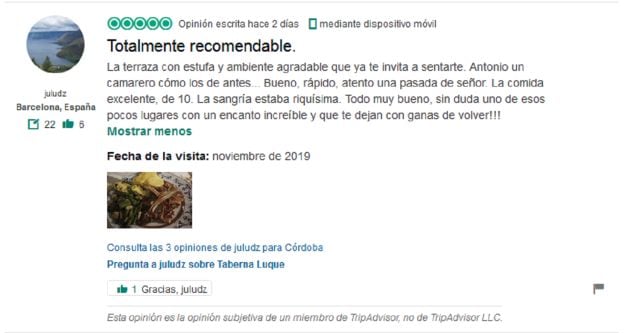 Comentario sobre la Taberna Luque en la web TripAdvisor