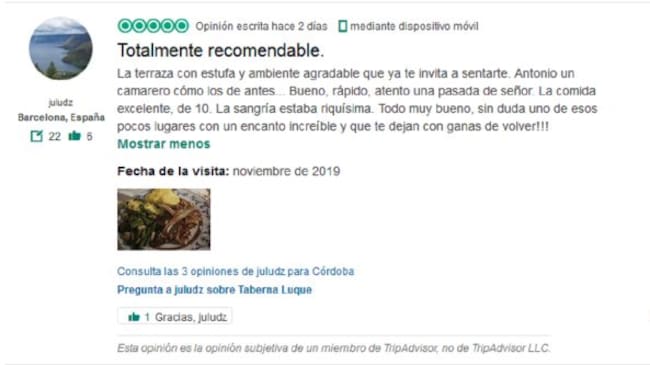 Comentario sobre la Taberna Luque en la web TripAdvisor