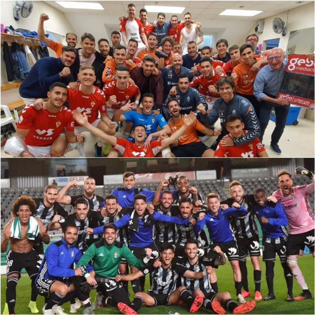 Ambas plantillas festejando una victoria