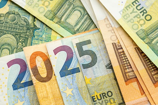 2025 in the eurozone. Euro banknotes symbol 2025, Concept, financial analysis of the European Union in 2025. Close up, business background