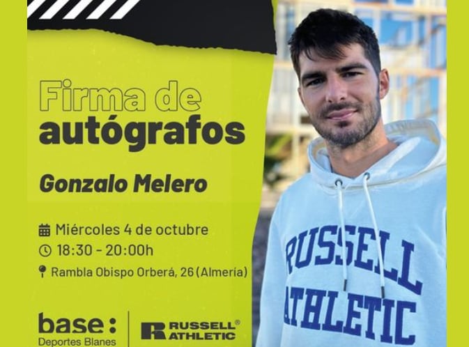 El cartel que anuncia la visita de Gonzalo Melero a la tienda Base Deportes Blanes de Obispo Orberá.