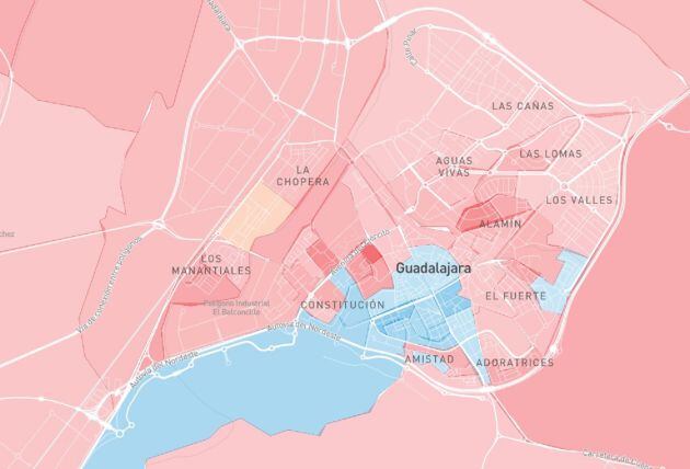 Mapa de Guadalajara con los resultados por barrios en las Elecciones Generales del 28 de Abril.