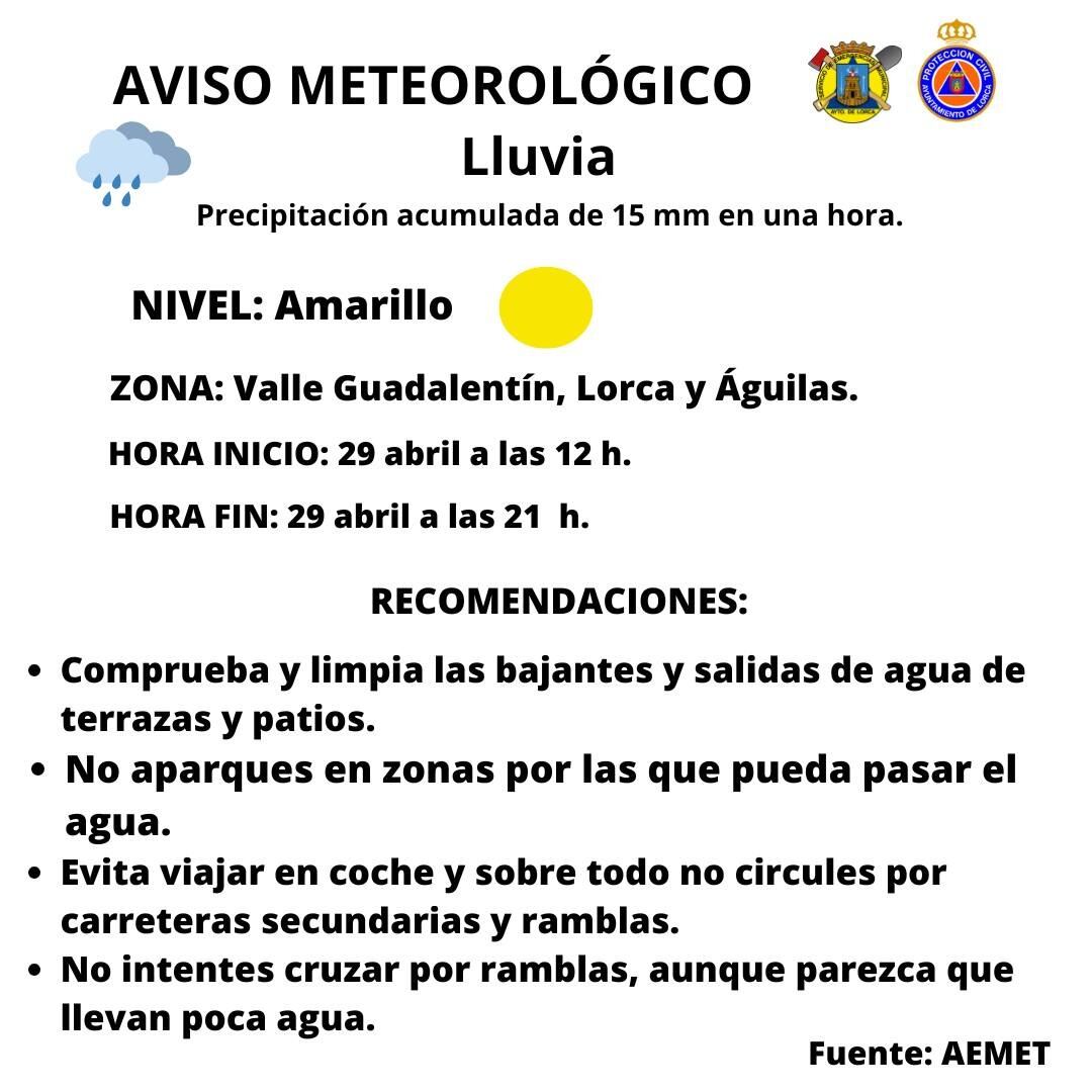 La Agencia Estatal de Meteorología activa el aviso amarillo por lluvias en Lorca.