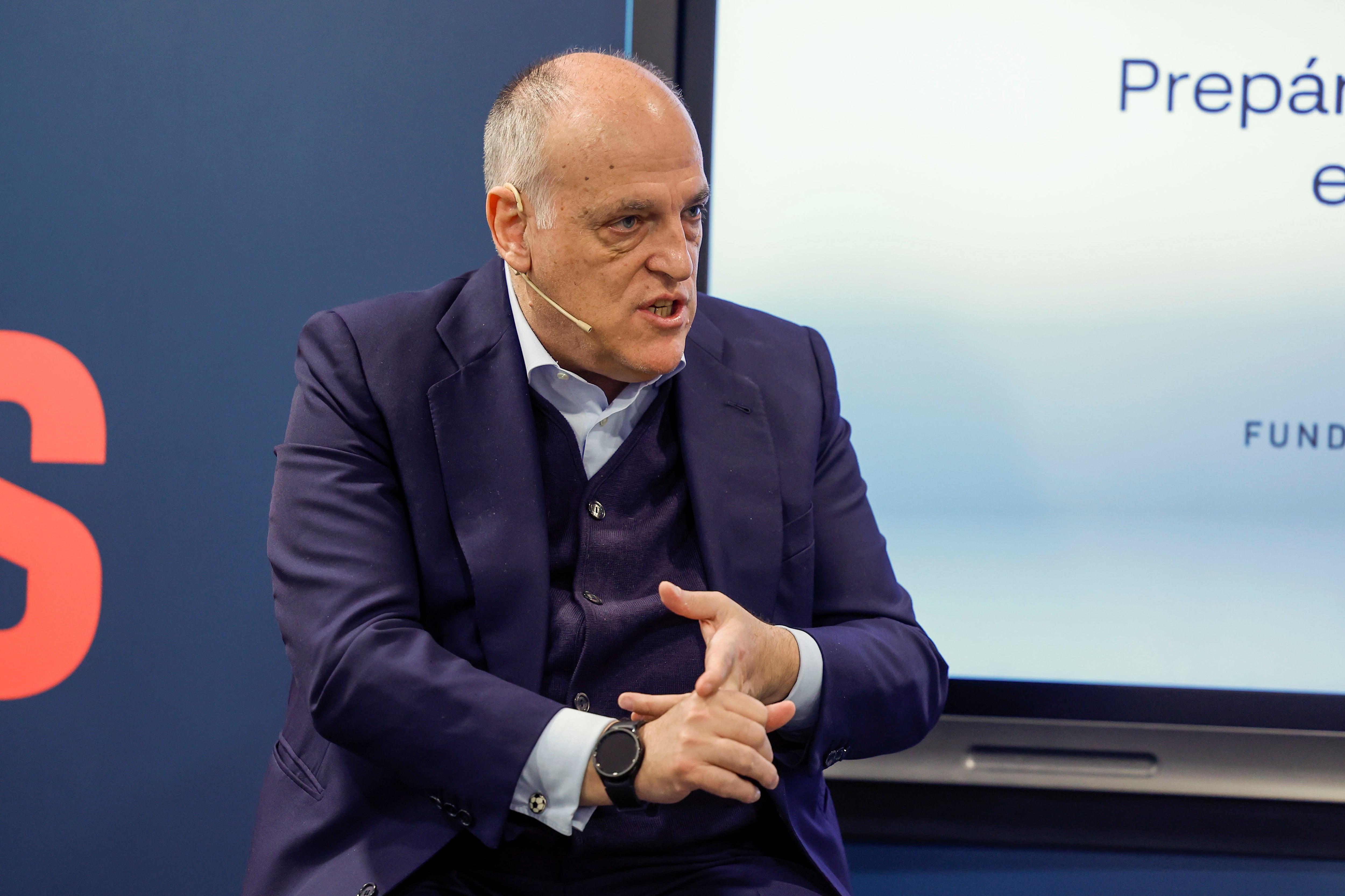 El presidente de LaLiga, Javier Tebas, durante la presentación de &#039;PREPARADOS&#039;, un nuevo proyecto de LaLiga junto a la Fundación Blanca