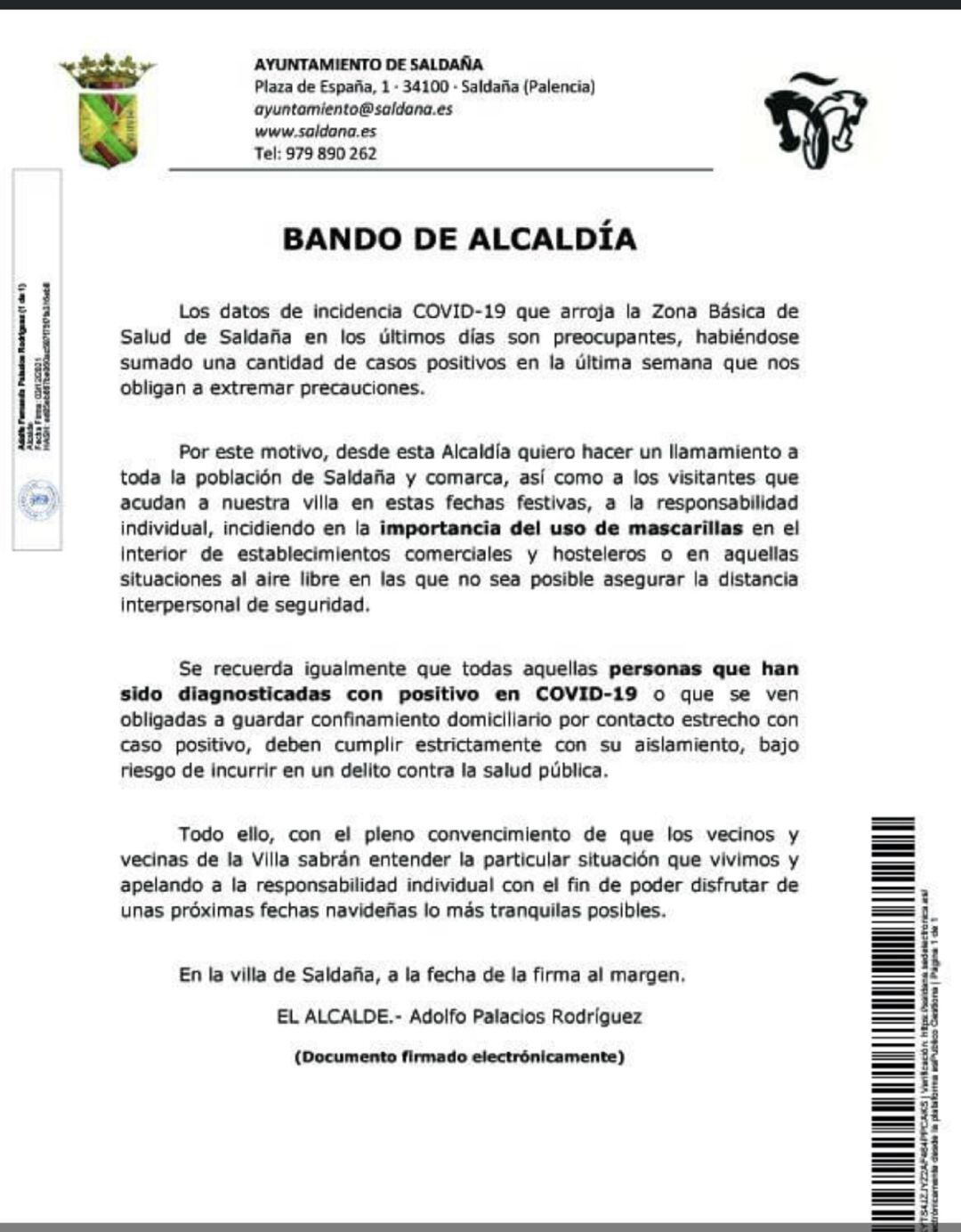 Bando del Alcalde de Saldaña (Palencia)