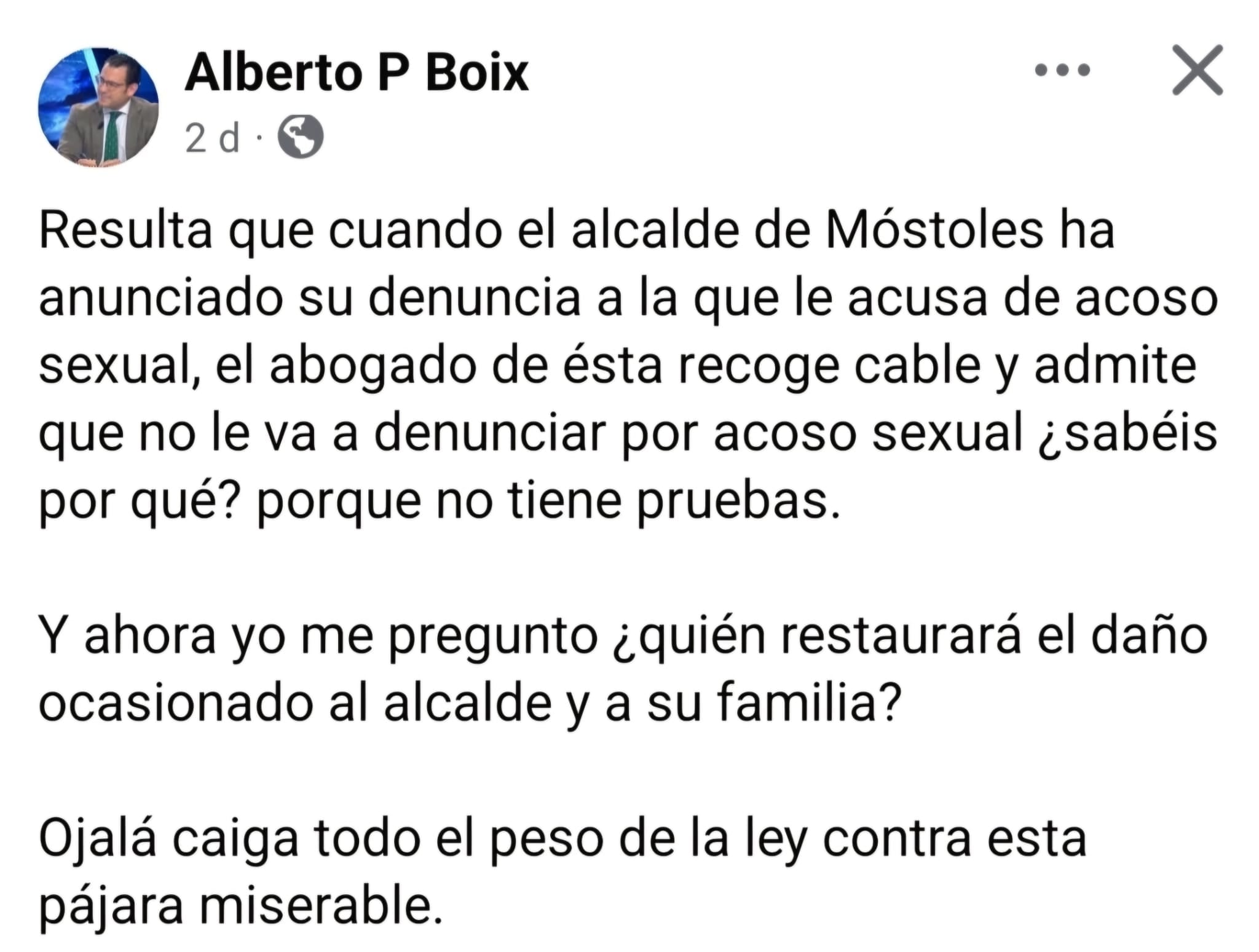 Pantallazo de la publicación de Alberto Pérez Boix en Facebook