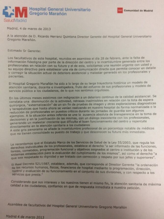 Imagen de la carta que los profesionales del Gregorio Marañón han entregado a la gerencia del hospital