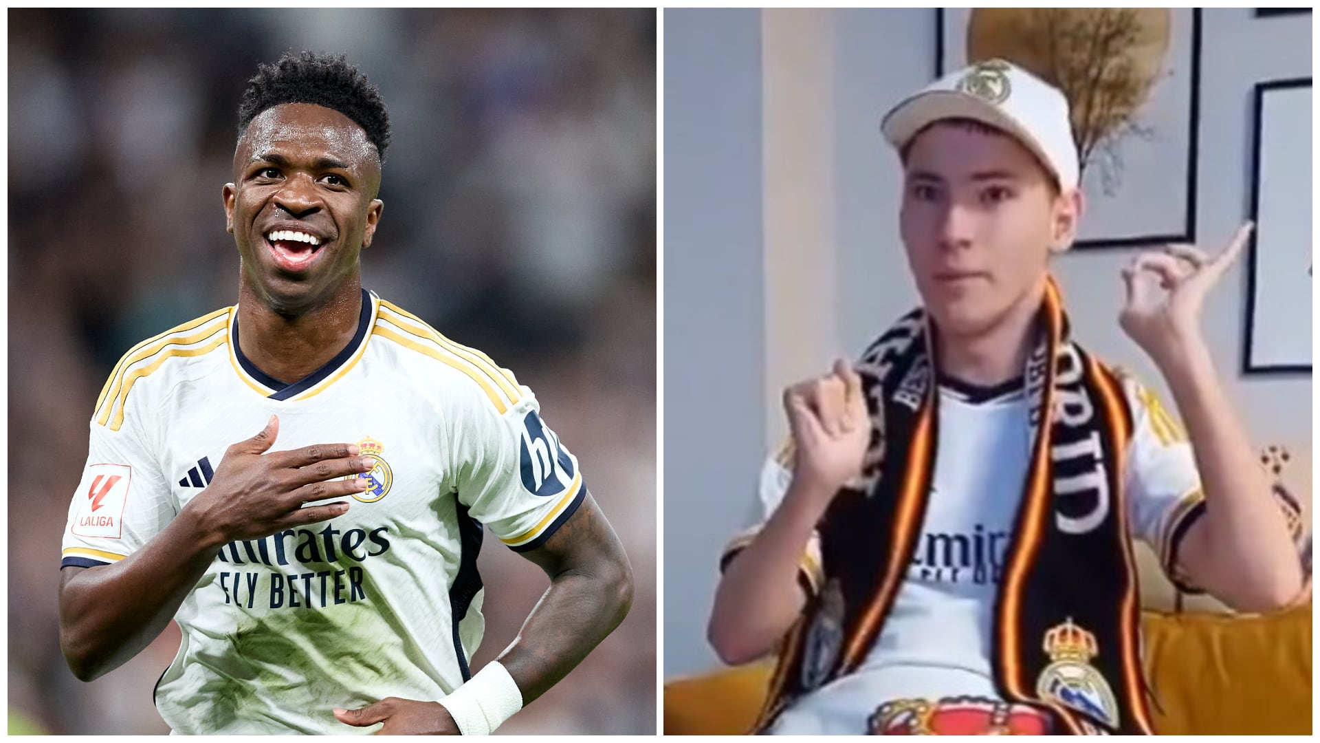 Vinicius Júnior, jugador del Real Madrid, y Pawel, el aficionado invitado al Santiago Bernabéu