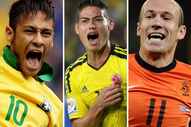 Neymar, James Rodríguez y Robben, con las camisetas de sus selecciones.