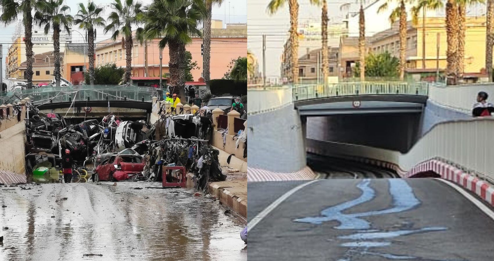 A la izquierda el tunel de Alfafar tras la DANA y a la derecha casi 9 meses después tras habilitarlo