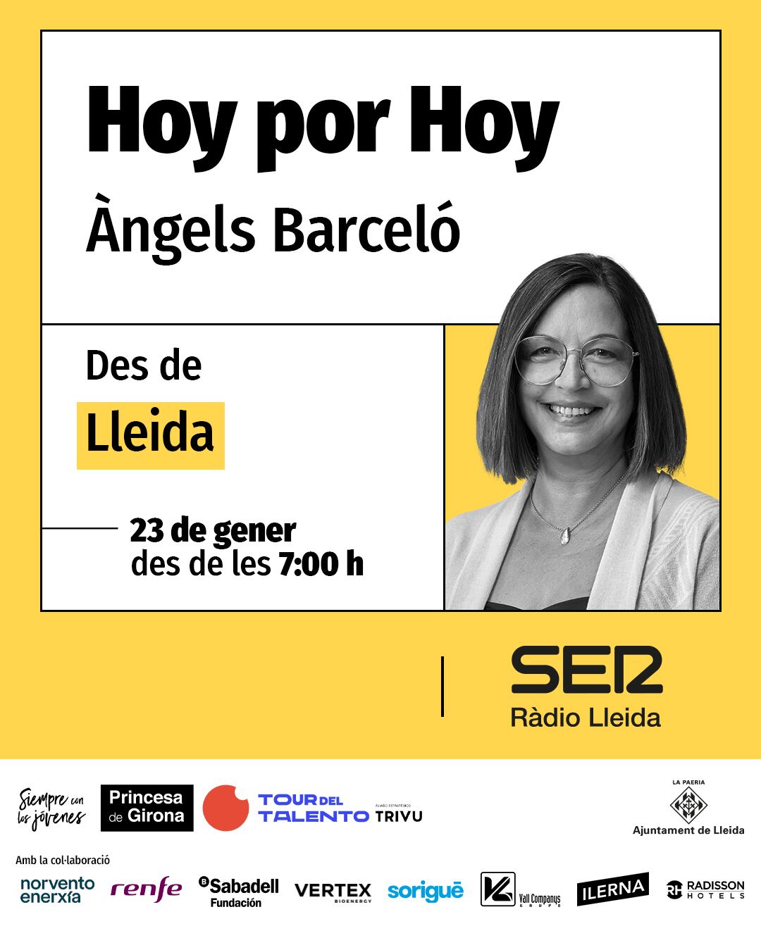 Àngels Barceló a Lleida aquest dimarts amb l'equip d'Hoy por Hoy a la Llotja. A partir de les 07.00 hores. A la Sala Martina  Castells.