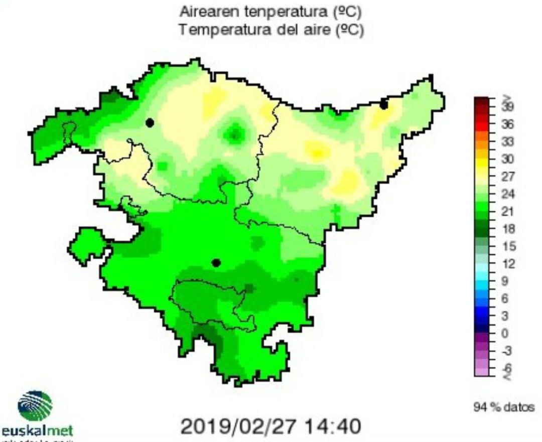 Mapa de temperaturas máximas de Euskalmet