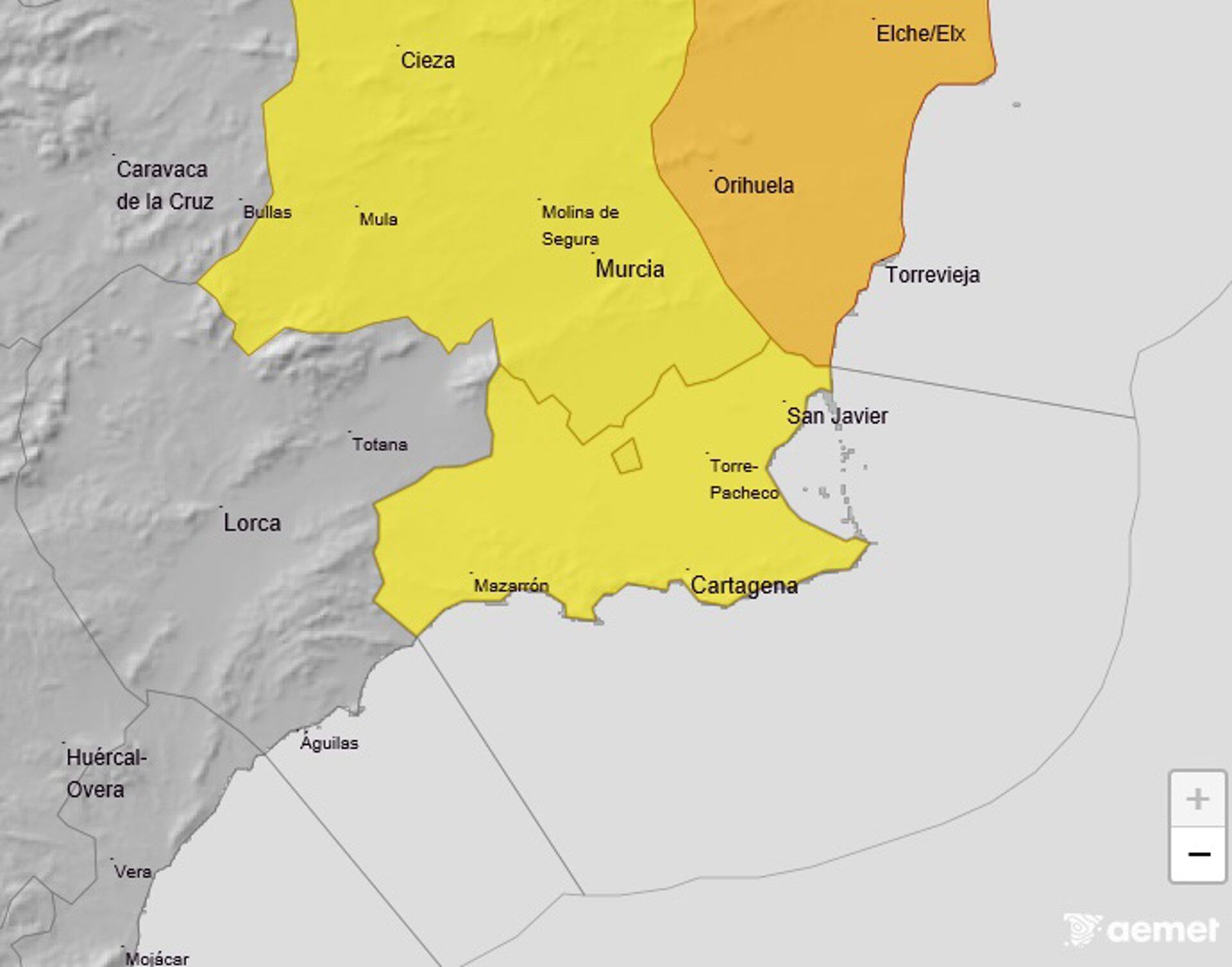 Mapa que muestra los avisos meteorológicos activos este sábado en la Región