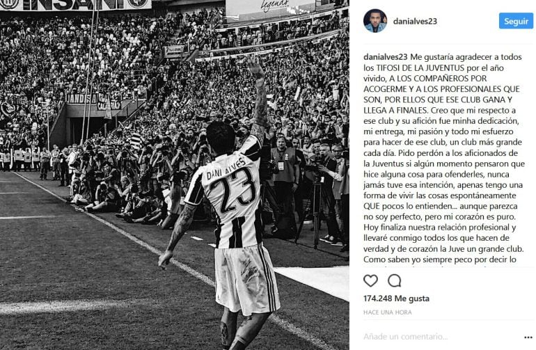 Entrada de Intagram de Dani Alves despidiéndose de la Juventus. 