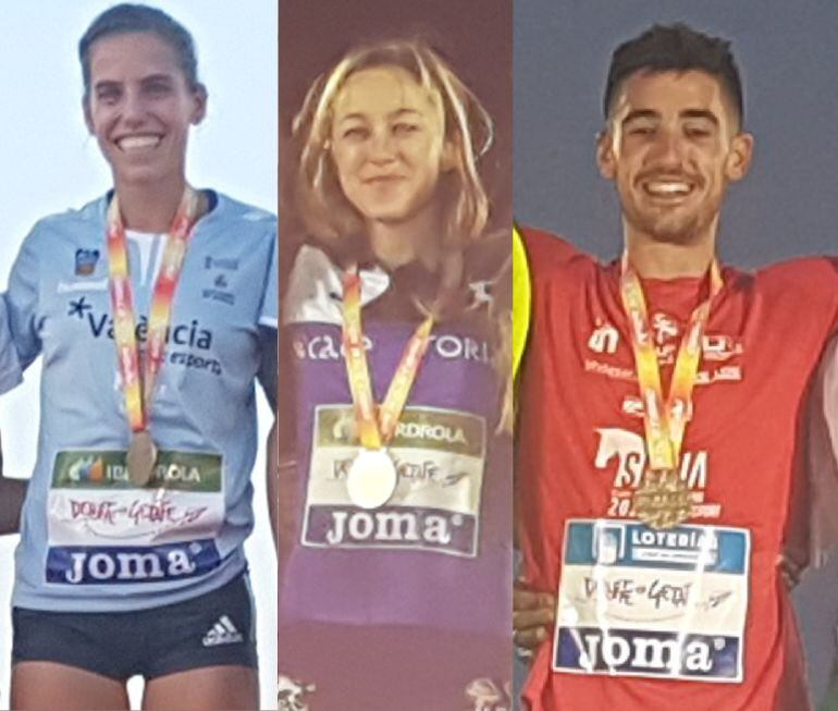 Marta Pérez, Raquel Álvarez y Mario Arancón, con sus medallas de oro de campeones de España.