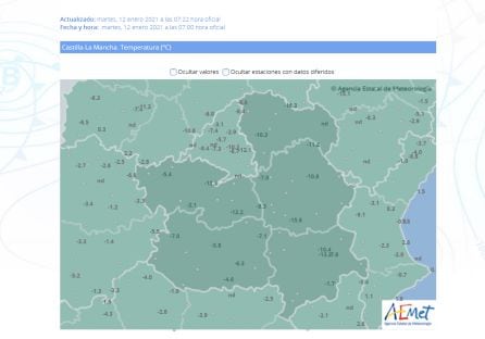 Temperaturas registradas este martes en Castilla-La Mancha
