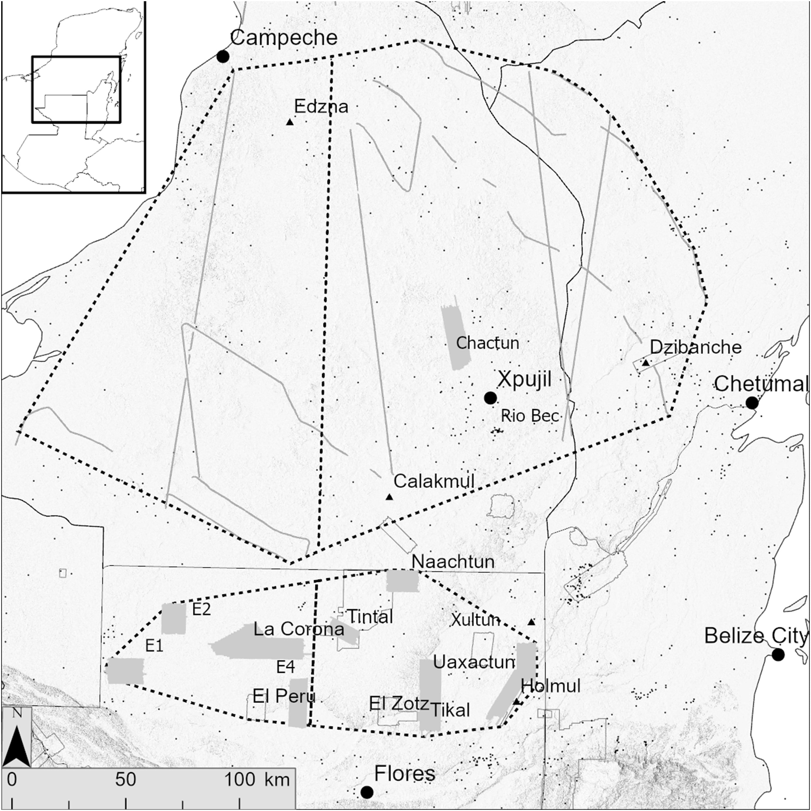 Zona de estudio en las Tierras Bajas Mayas centrales con los datos Lidar utilizados en el proyecto