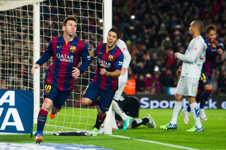 BARCELONA, SPAIN - JANUARY 21:  Lionel Messi celebrates after scoring his team&#039;s first goal during the Copa del Rey Quarter-Final First Leg match between FC Barcelona and Club Atletico de Madrid at Camp Nou on January 21, 2015 in Barcelona, Spain. (Photo 