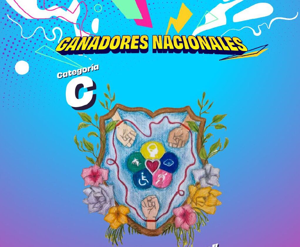 Dentro del escudo se muestran seis símbolos que representan a diferentes tipos de discapacidad. Además incluyen un corazón rojo en el medio que refleja el amor y la unidad. La composición está enmarcada por manos y brazos entrelazados, conectados a un hilo rojo que significa conexión, apoyo y solidaridad.