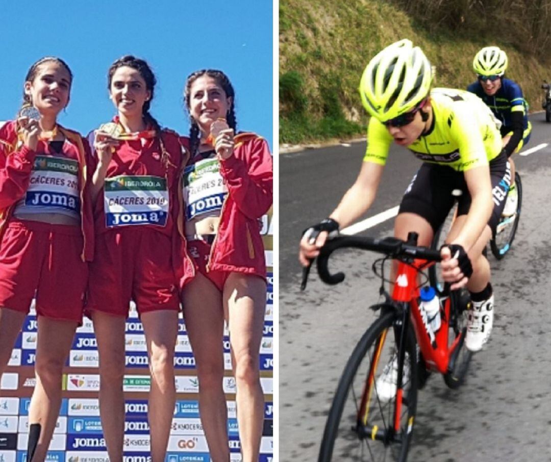 Celia Antón -en el centro a la izquierda- en el podio de Cáceres, y Sara Martín durante su participación en el Trofeo de Zaldivar.