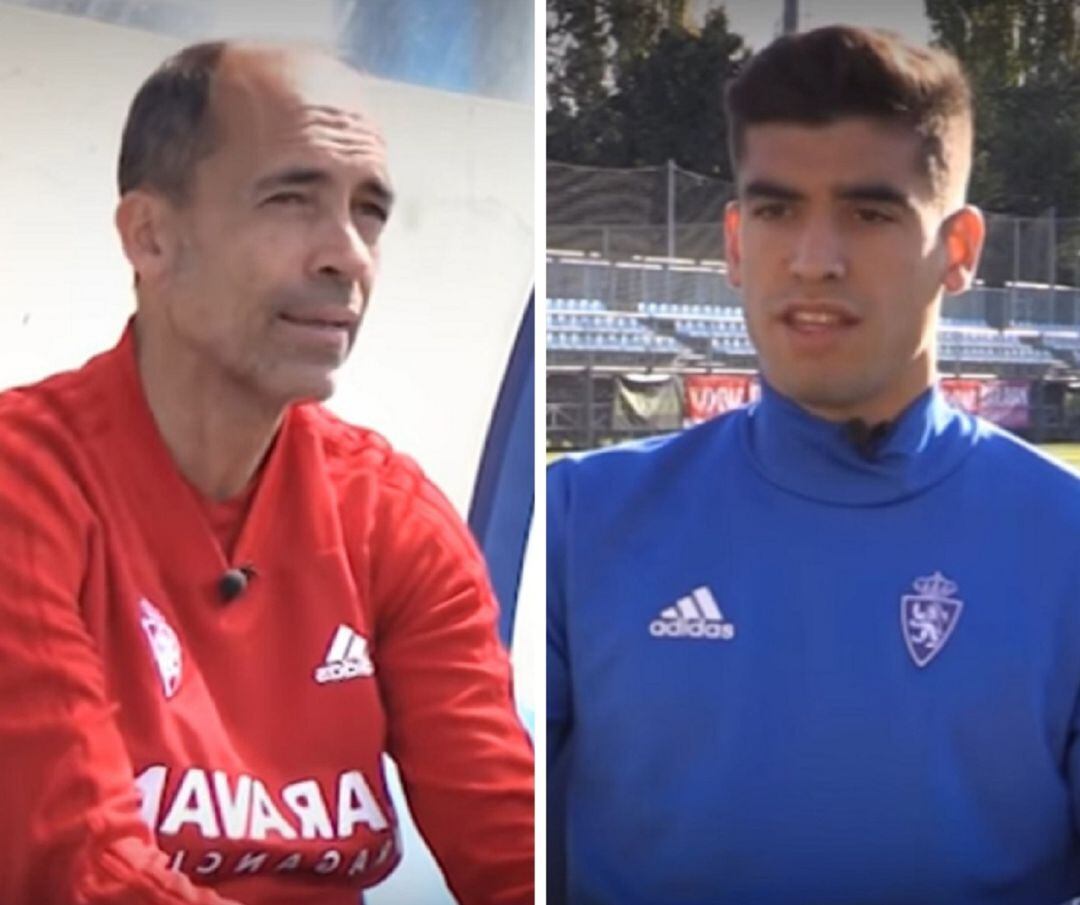 El entrenador del Deportivo Aragón, Javier Garcés (i), y el centrocampista, Albert Torras.