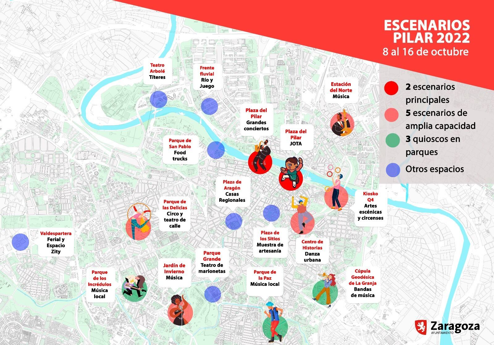 Mapa de los puntos festivos de las Fiestas del Pilar 2022