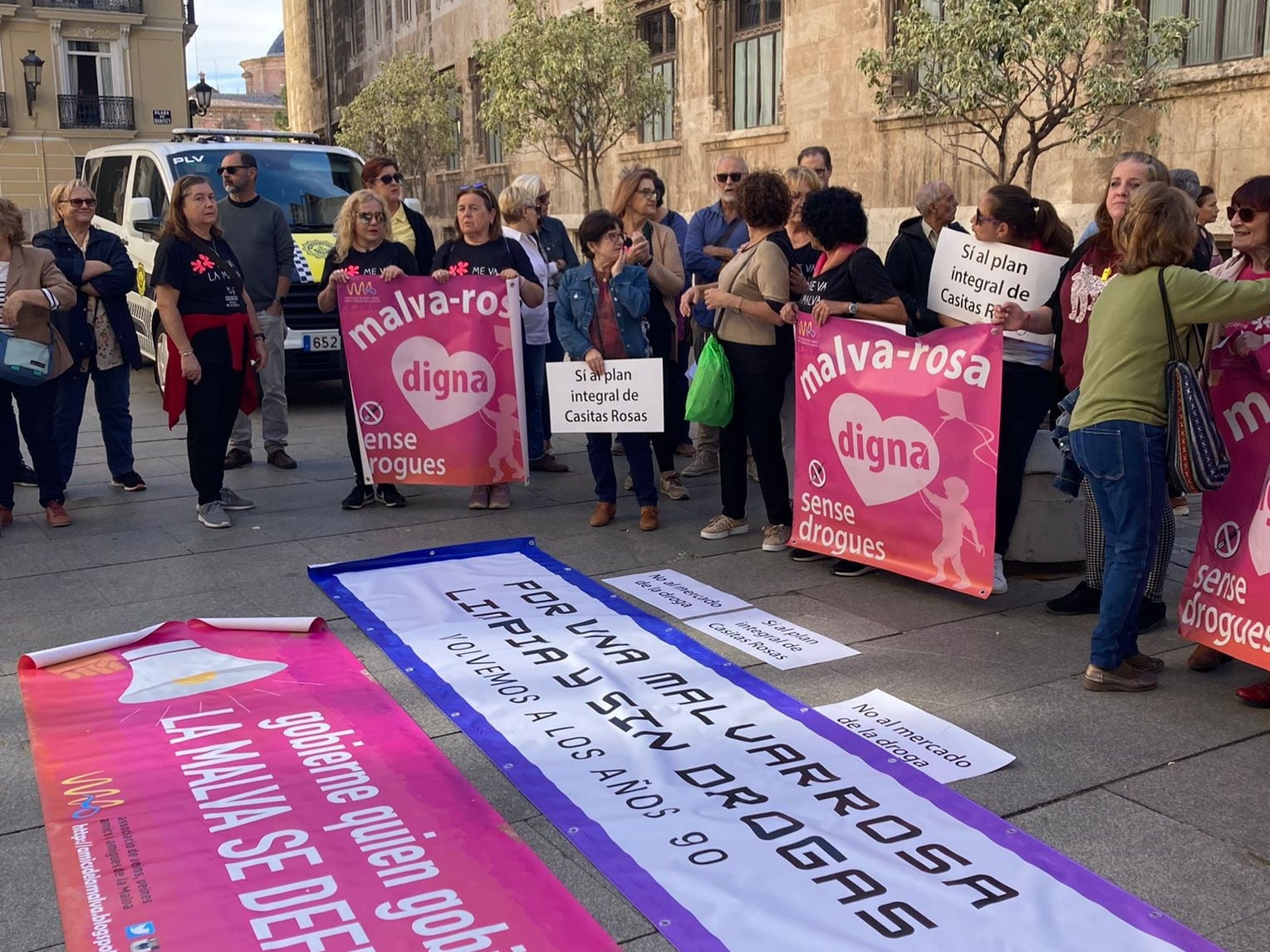 Amics de la Malva se ha manifestado esta mañana frente a la sede de la Diputació de València para reivindicar la rehabilitación del barrio Casitas Rosas